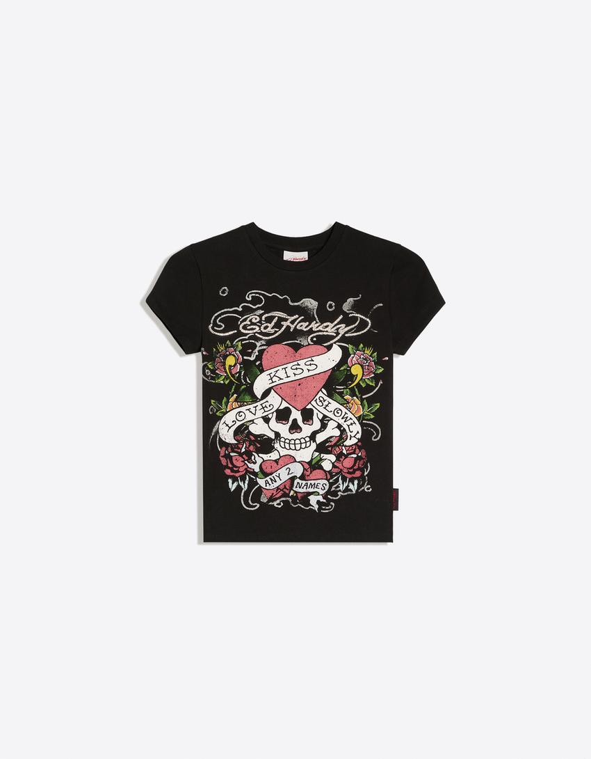T-shirt manches courtes imprimé ED HARDY X BERSHKA-Noir