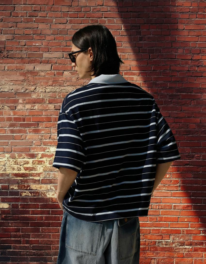 Embroidered stripe short sleeve polo shirt-Blue