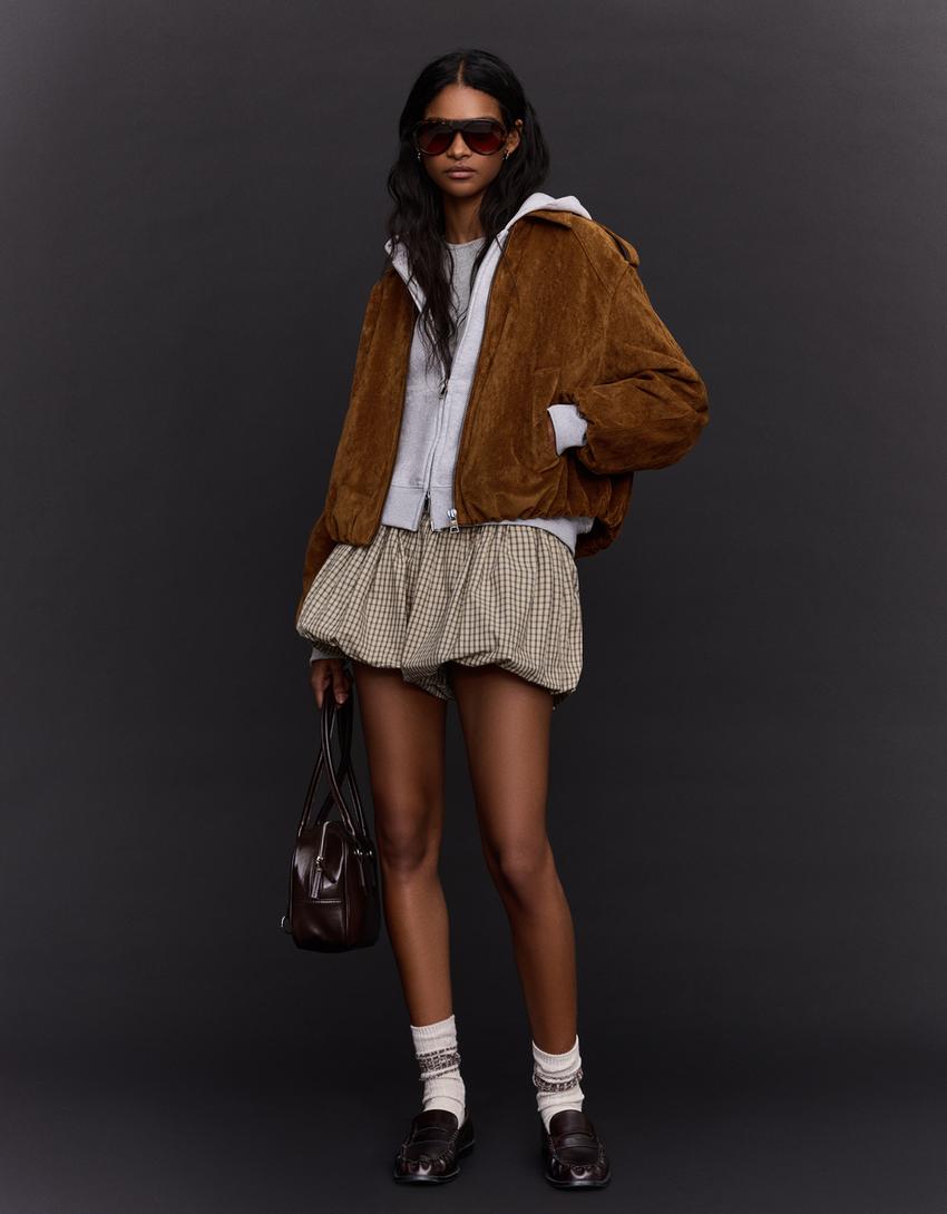 Jaqueta faux suede balão-Camelo