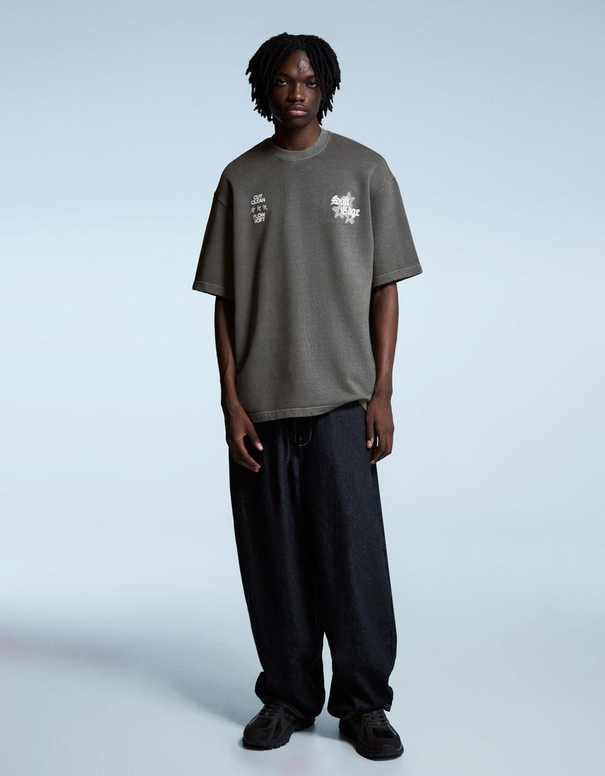 T-shirt à manches courtes en molleton imprimé-Gris