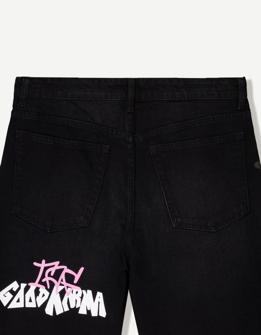 Printed denim Bermuda shorts-Black-2