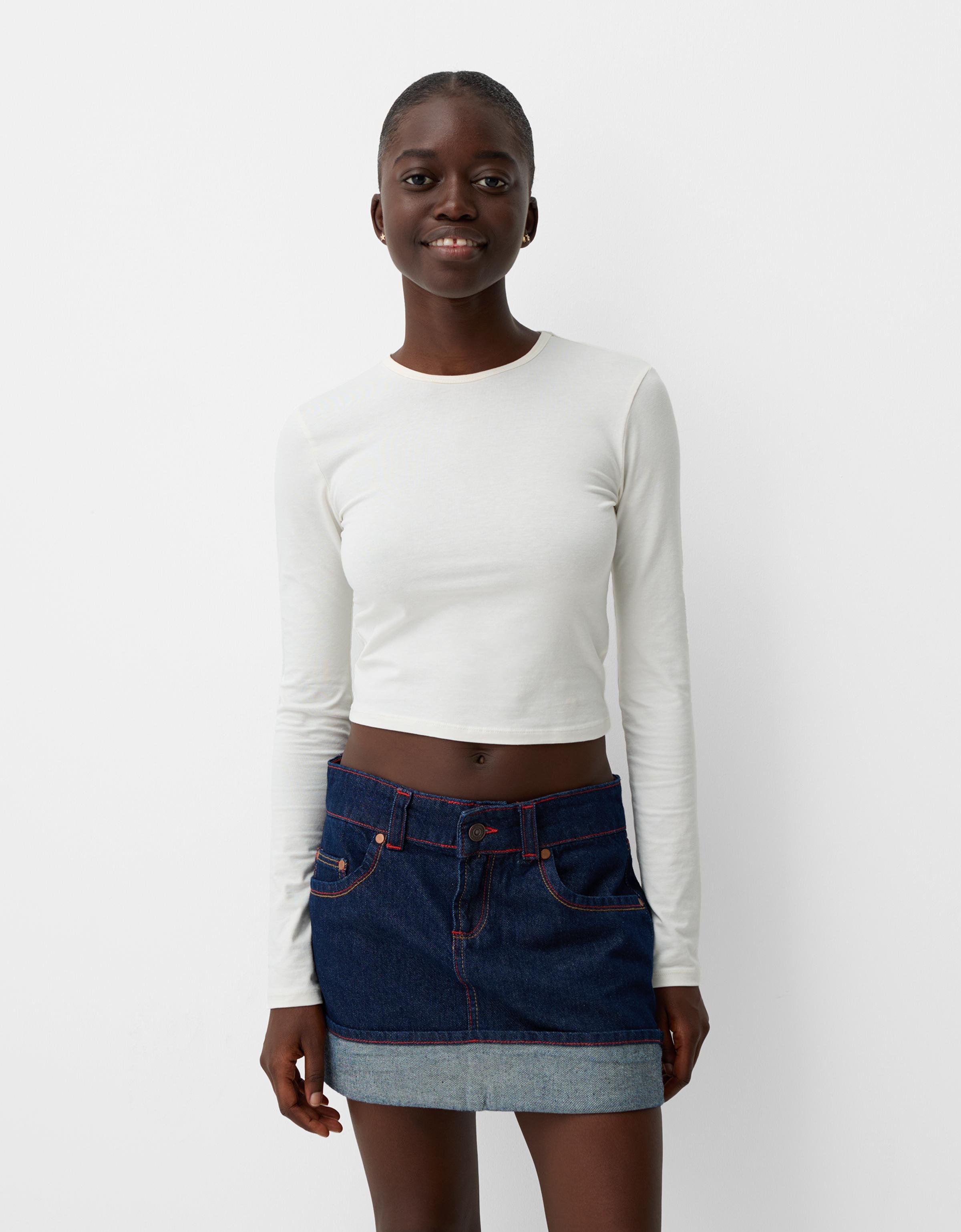 Denim turn up mini skirt Women Bershka