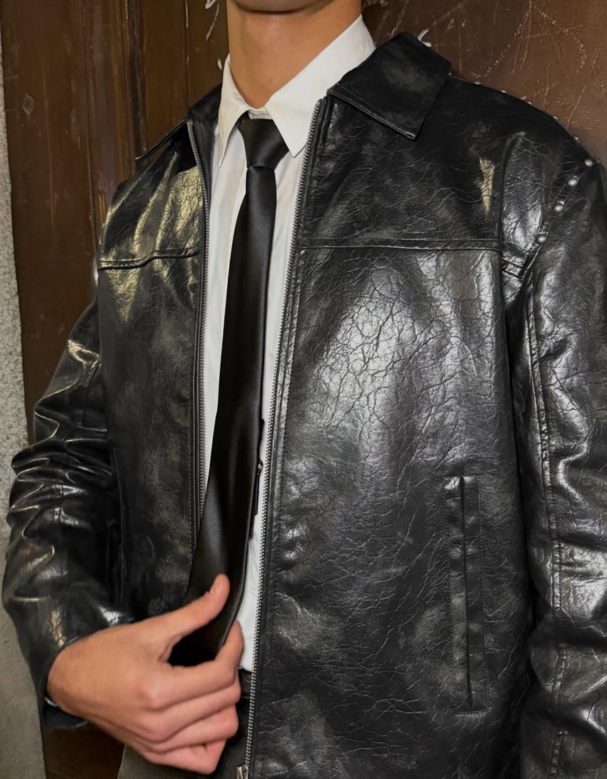 Studded leather effect jacket-Black