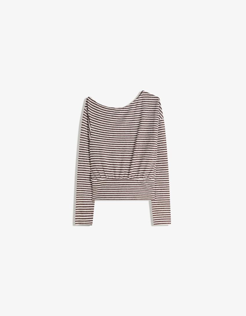 Asymmetric striped knit jumper-Brown