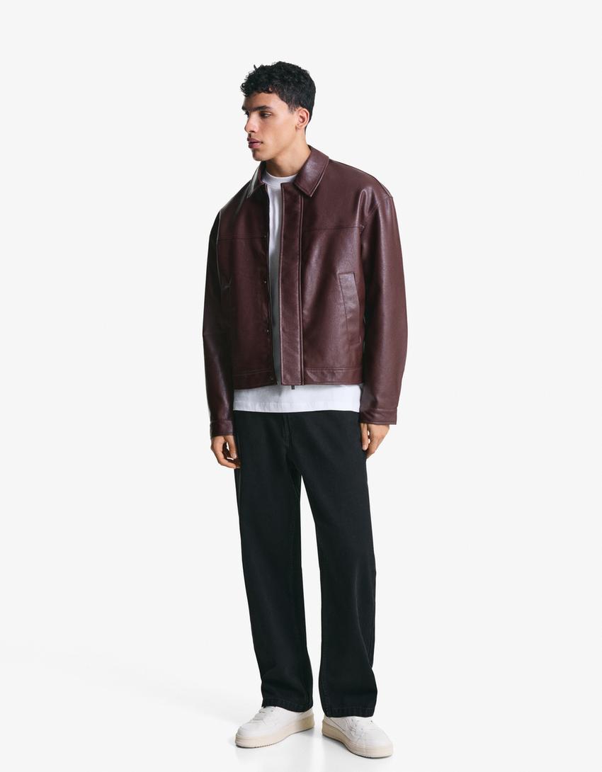 Veste boxy fit en similicuir-Bordeaux-2