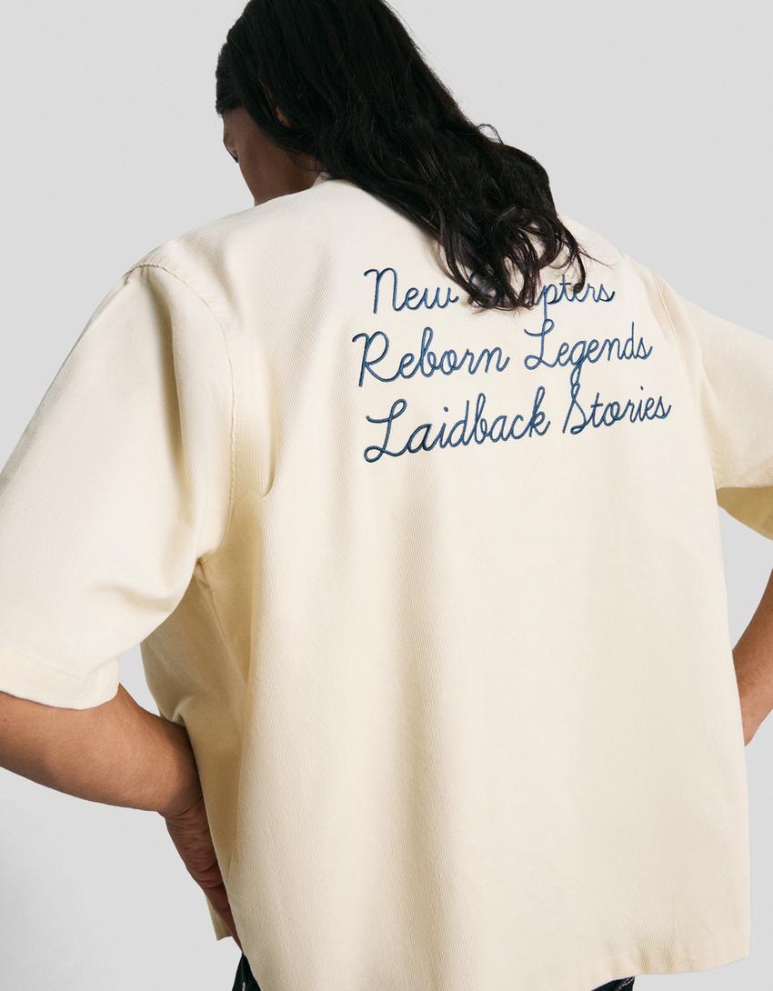 Short-sleeve embroidered corduroy shirt-Cream
