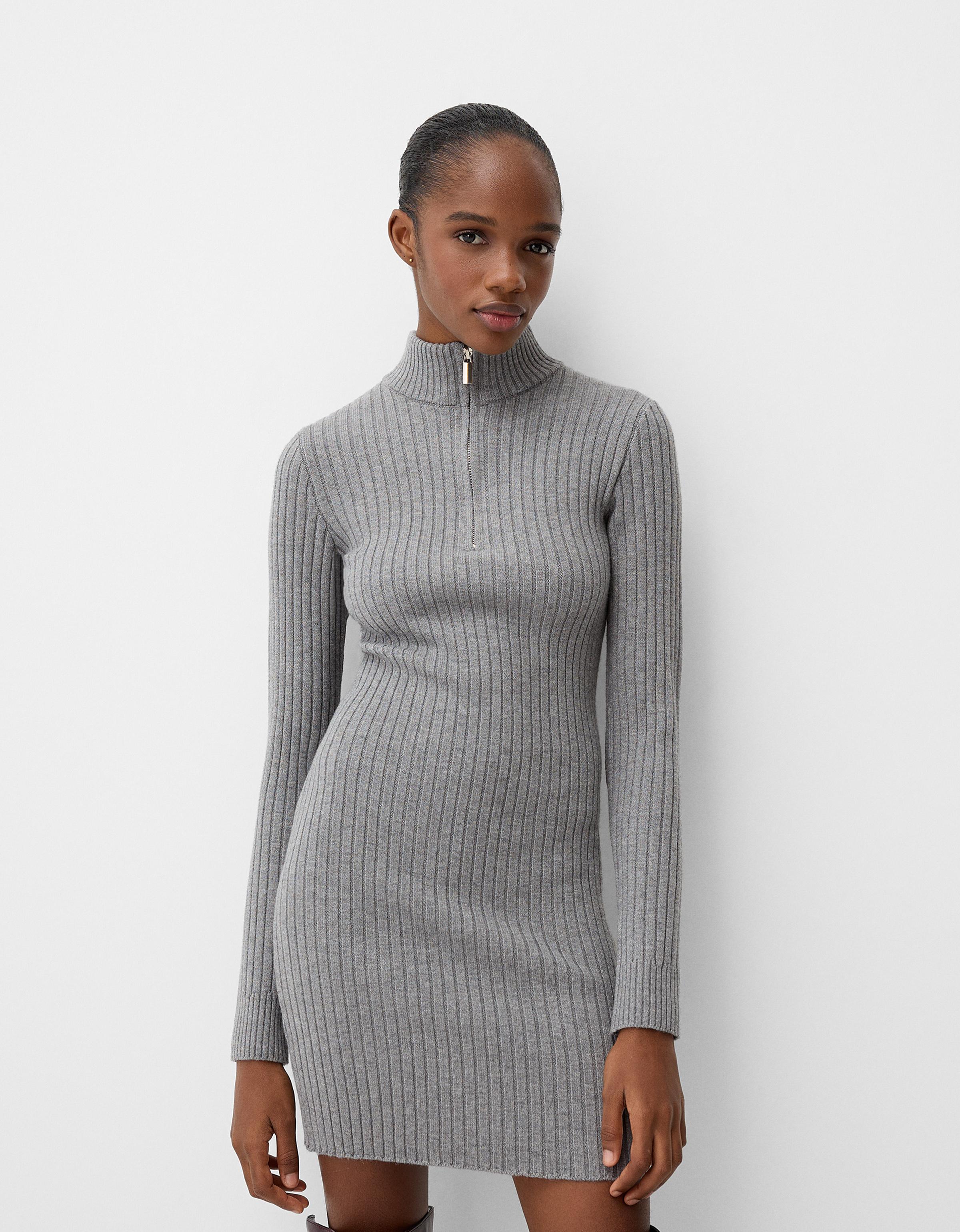 Bershka Minikleid Mit Rippenmuster Und Reißverschluss Damen Xs Dunkelgrau