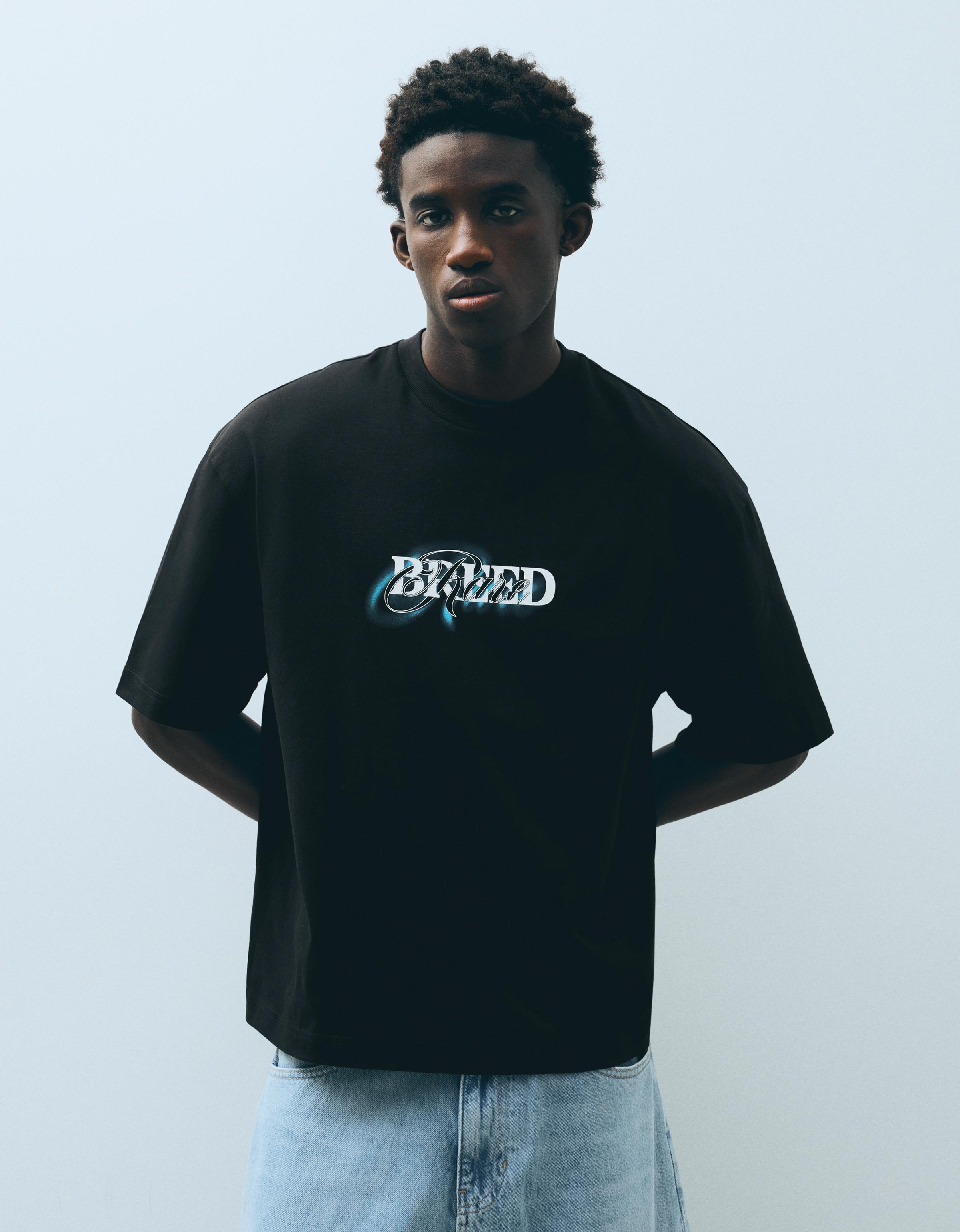 Bershka Camiseta Manga Corta Relaxed Print Hombre Negro
