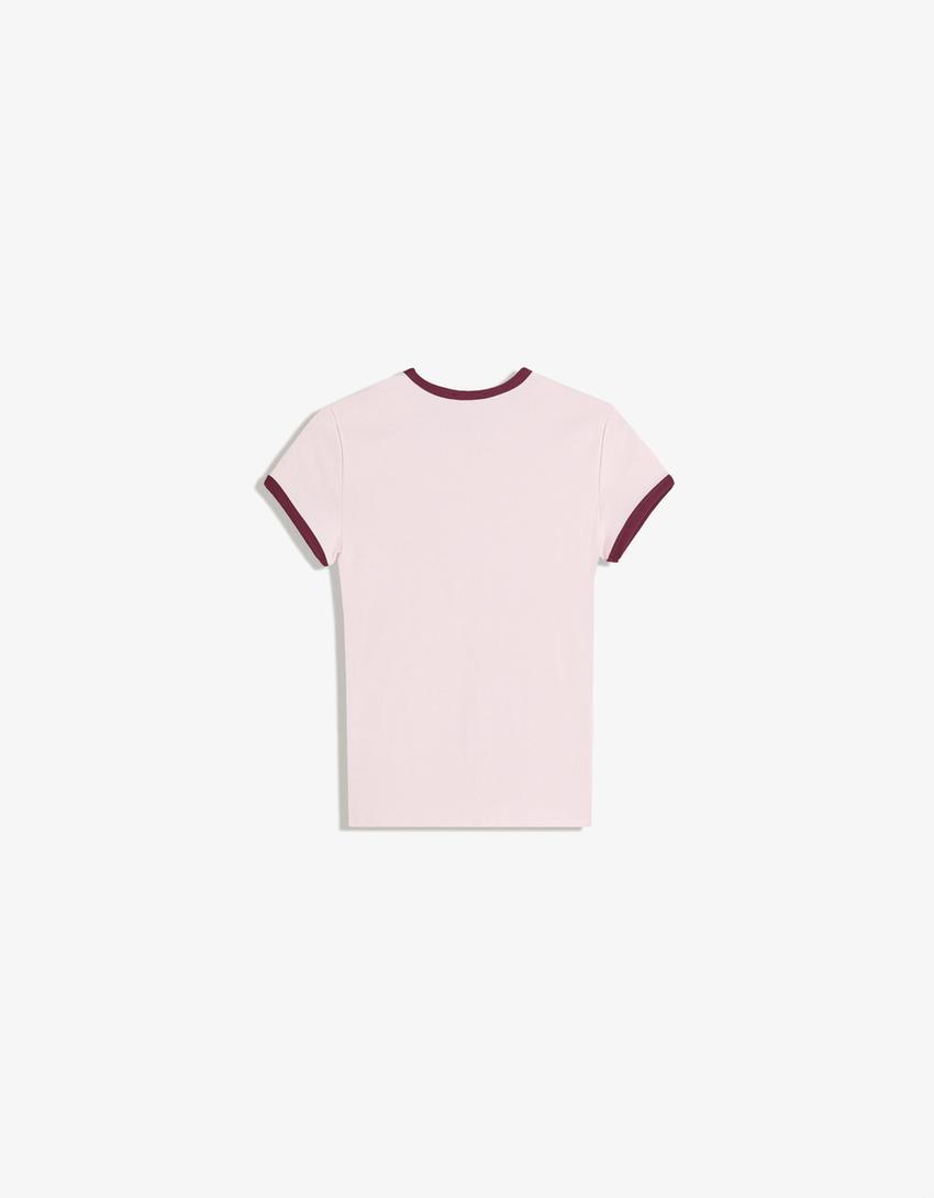 Kontrast detaylı kısa kollu tişört-Pembe-3
