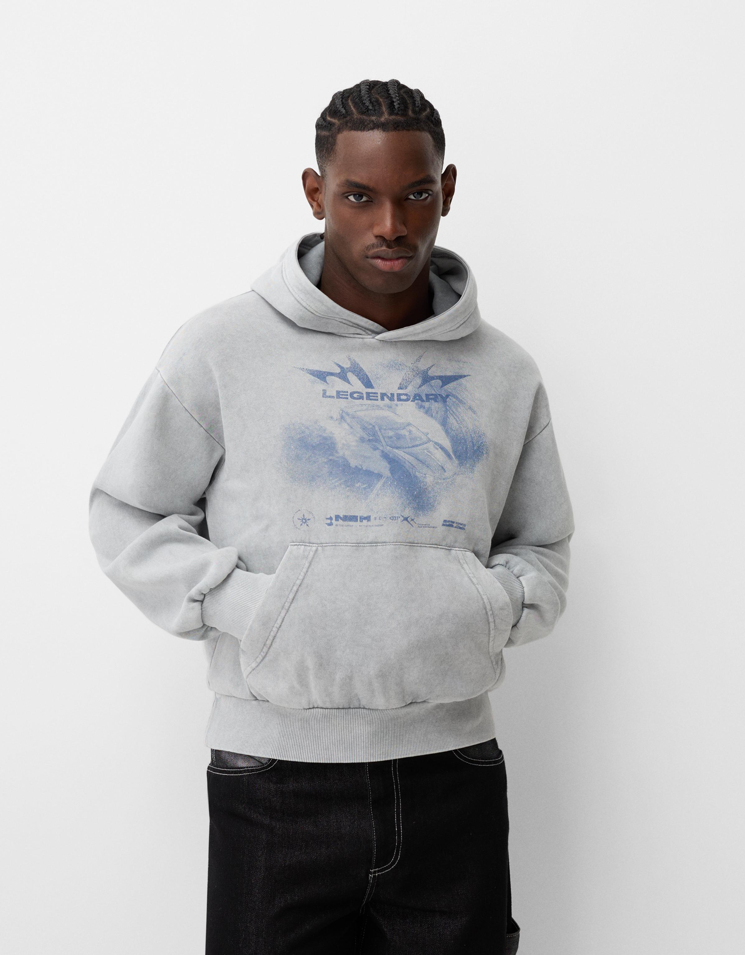 Bershka Hoodie Mit Kapuze Und Boxy-Print Herren S Grau