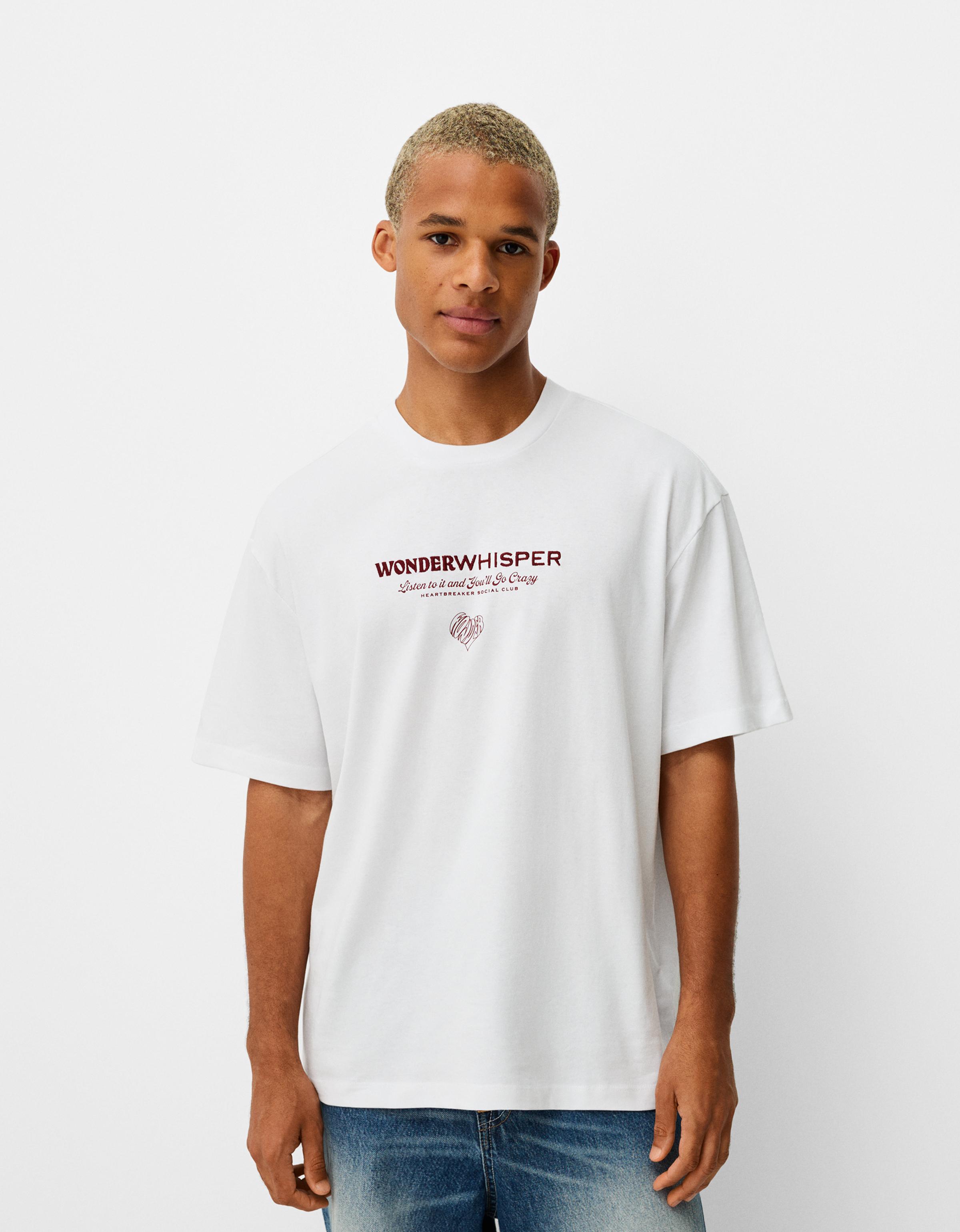 Bershka T-Shirt Mit Print Und Stickerei Herren S Grbrochenes Weiss