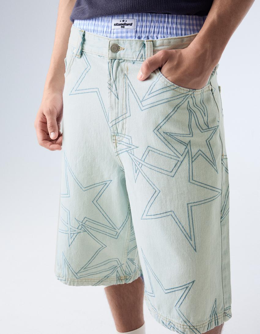 Bermuda denim super baggy estrellas-Azul claro