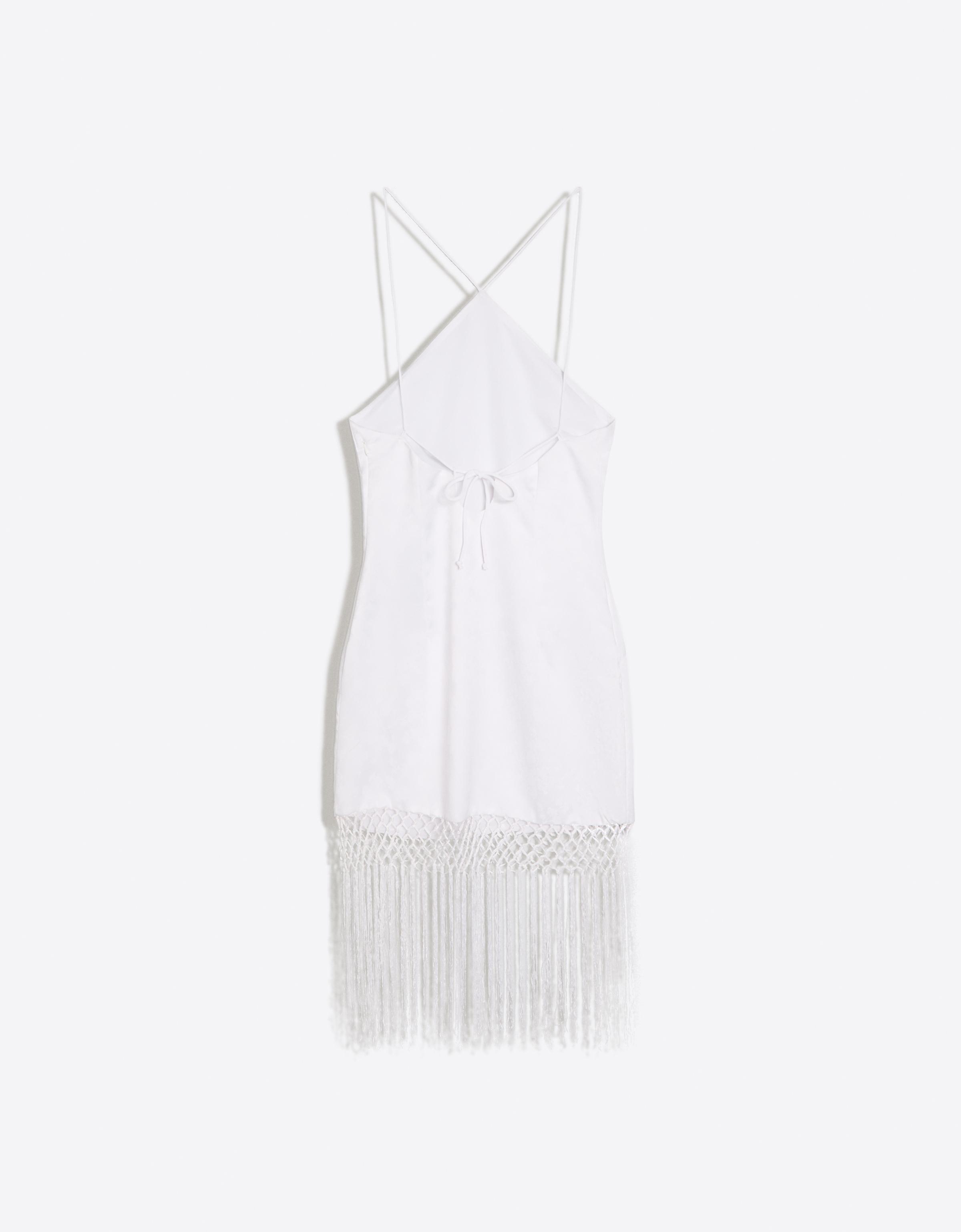 Halter neck jacquard mini dress with fringing — White