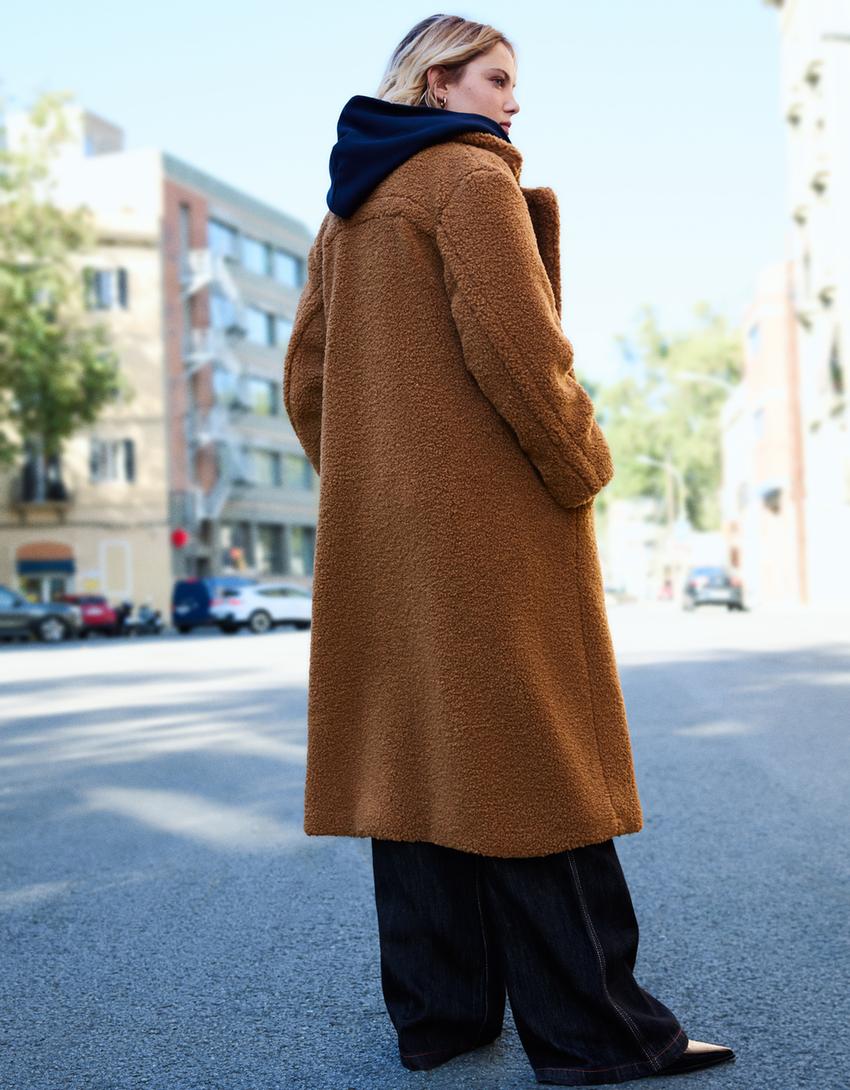 Long faux shearling coat-Camel