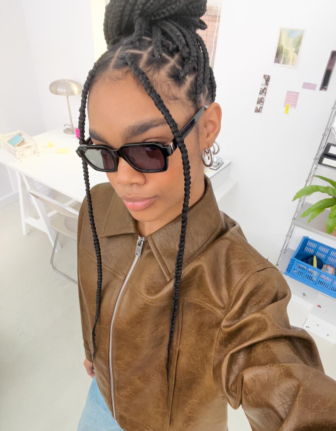 Leather effect trucker jacket with voluminous sleeves