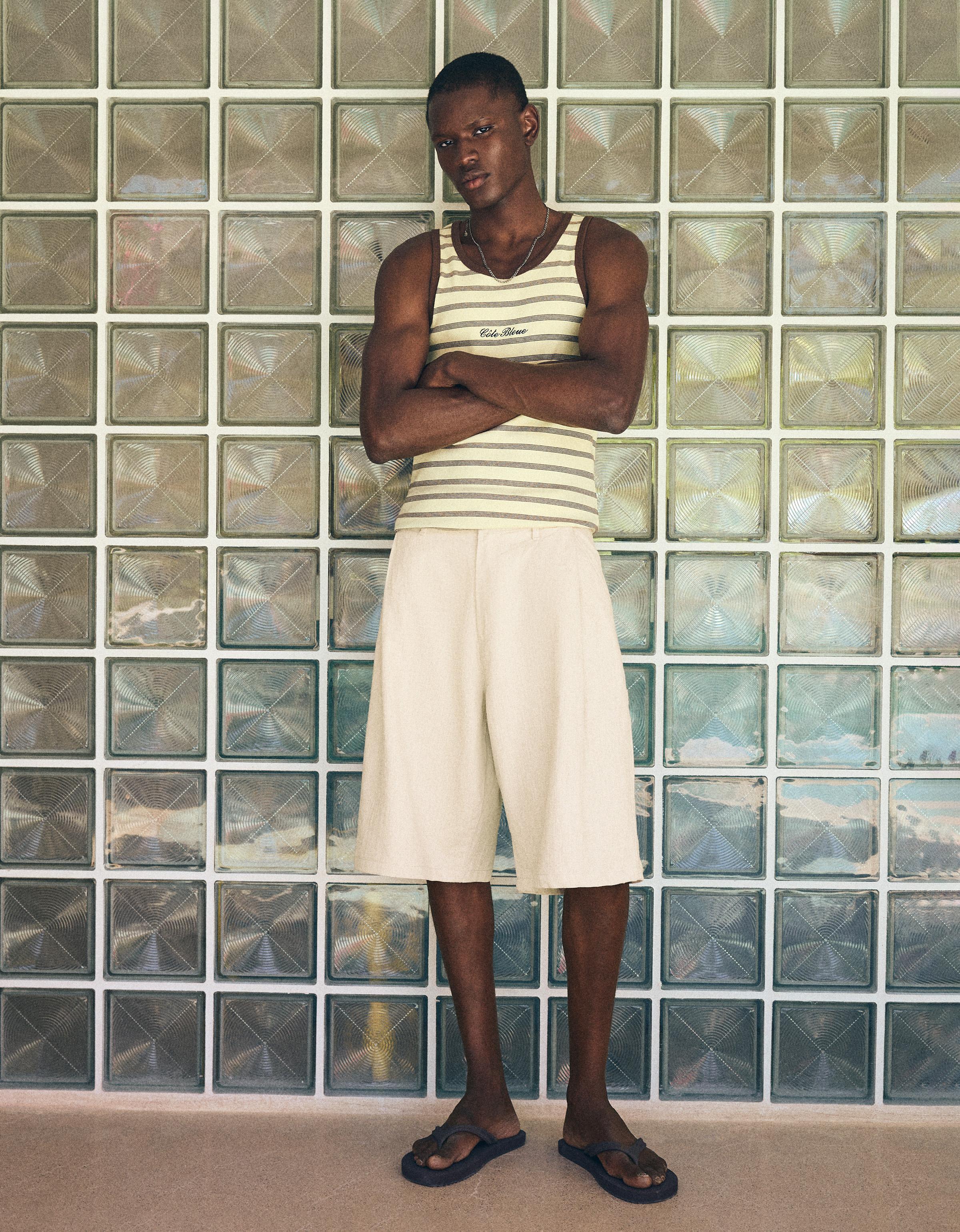 Bershka Bermuda Super Baggy Con Lino Hombre Arena