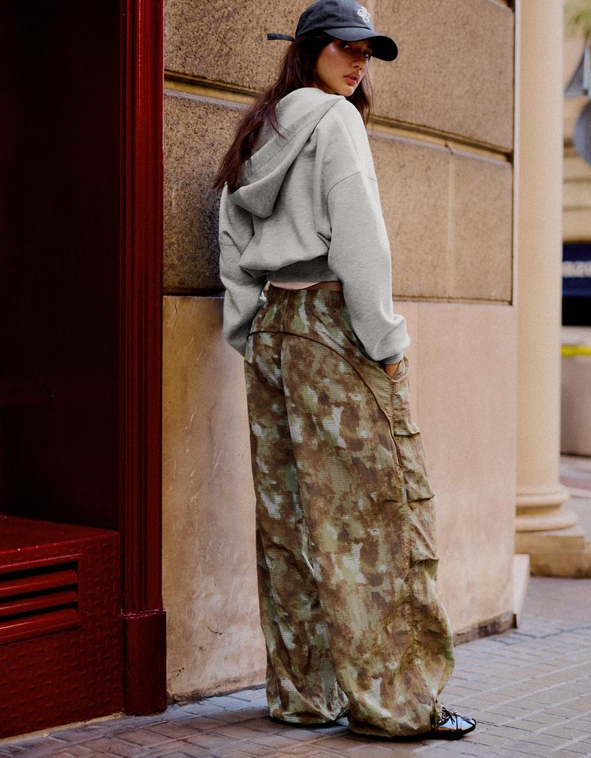 Technical print parachute trousers-Brown