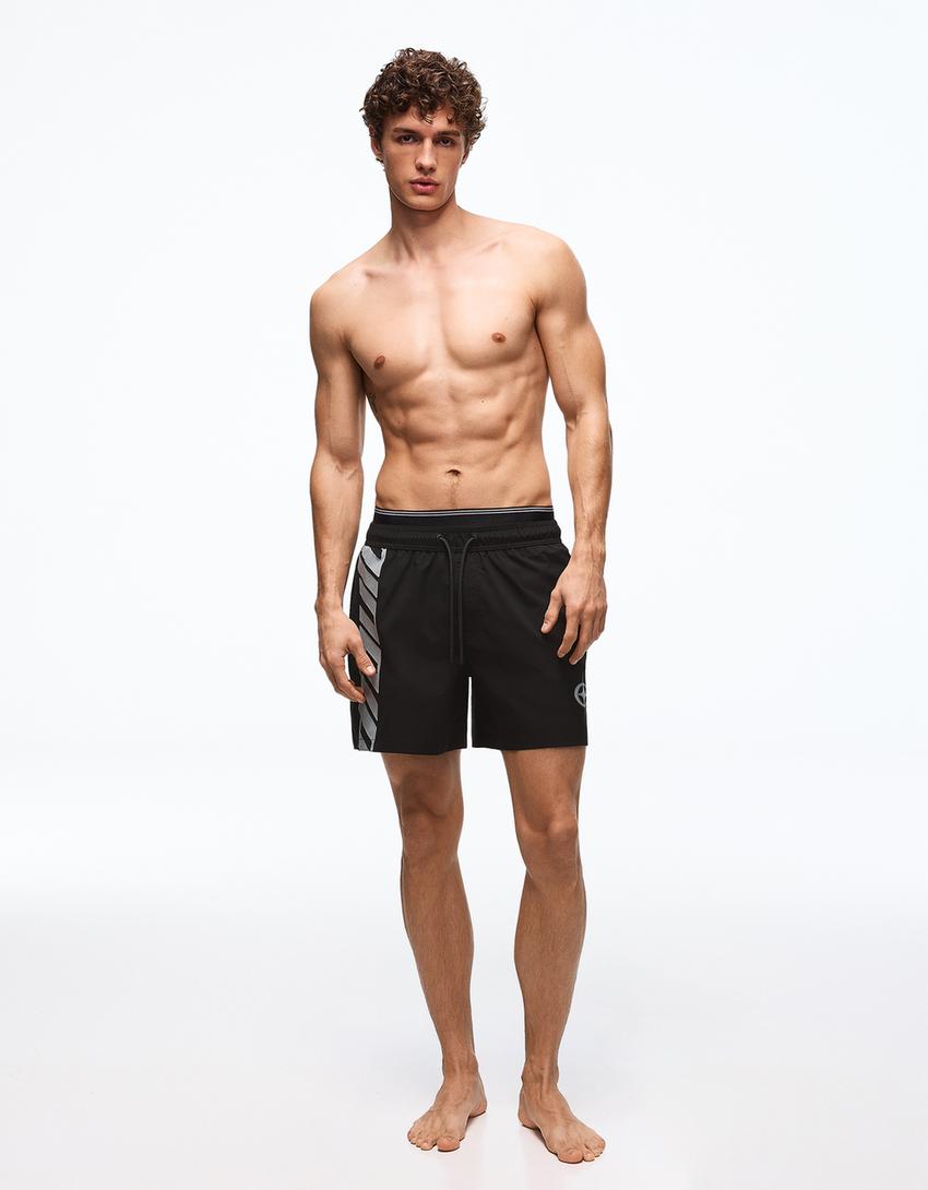 Boxy-Badeanzug mit doppelter Taille und Print-Schwarz