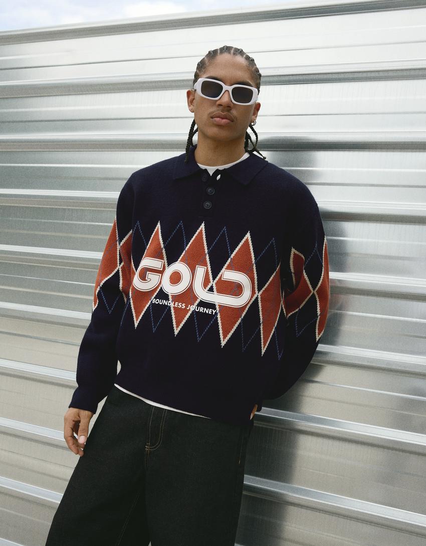 Printed polo collar sweater-Navy