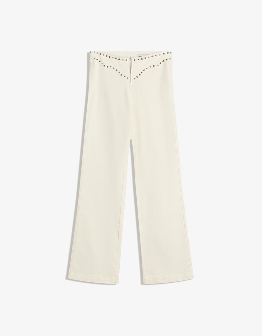 Pantaloni con borchie in vita e cerniera-Bianco Roto-4