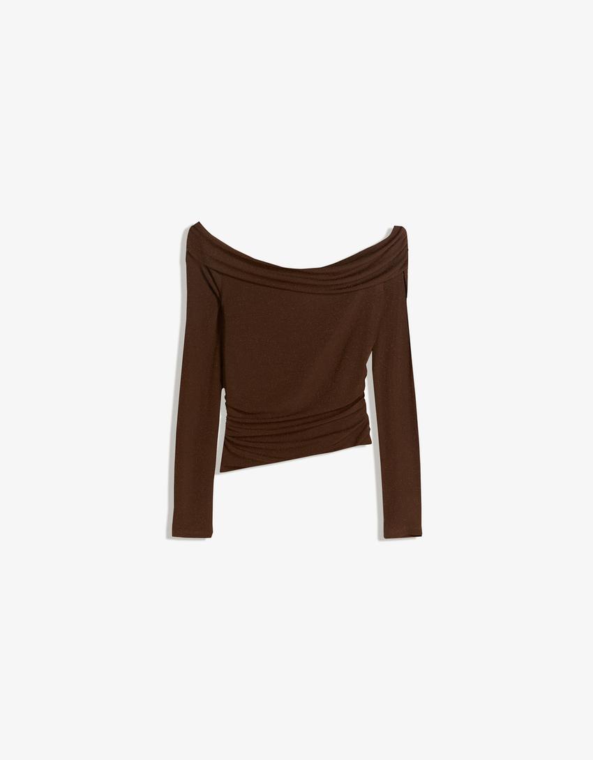 Top bardot structurat cu sclipici-Maro