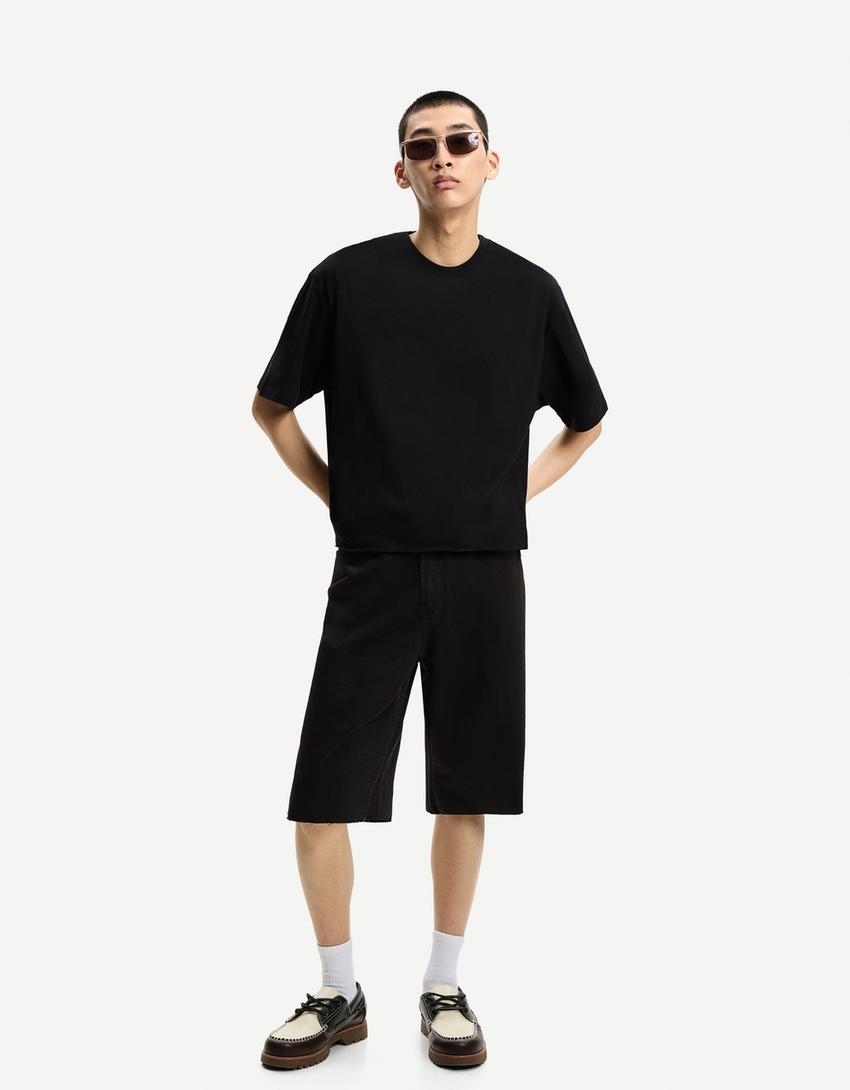 Baggy fit denim bermuda-Siyah-0