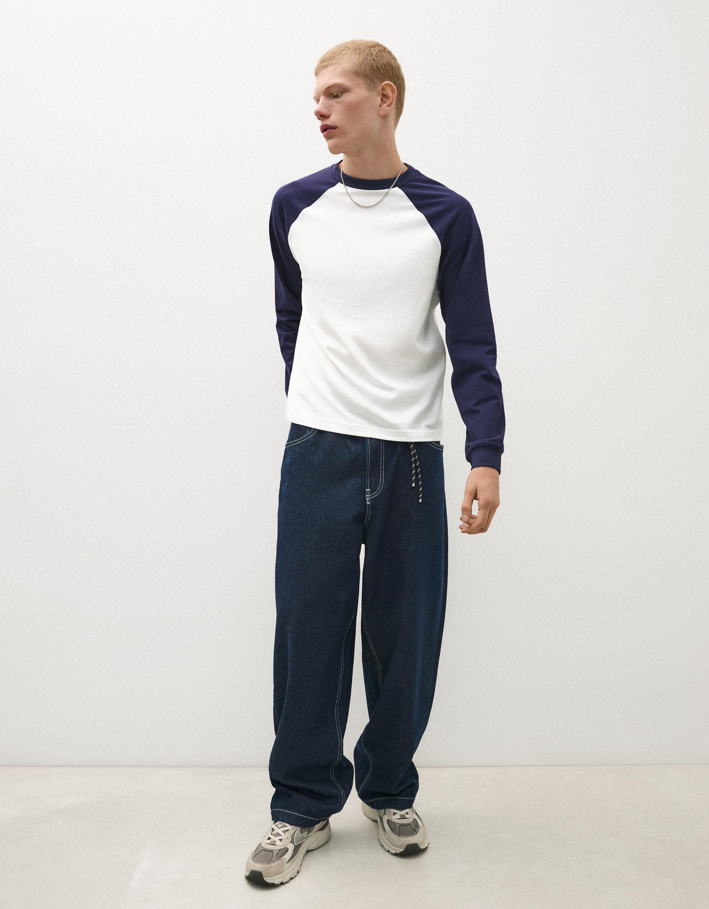 Bershka Camiseta Manga Larga Ranglan Hombre L Marino