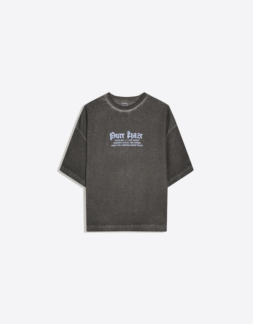 Waffle-knit short sleeve print T-shirt-Dark grey