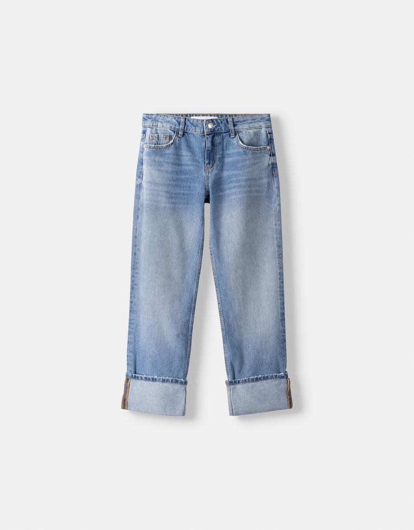 Cropped straight-leg jeans with turn-up hems-Light blue-5