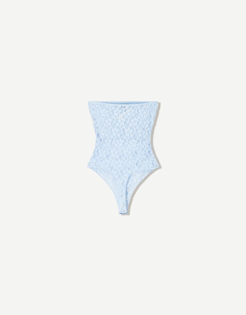 Blonde lace bandeau neckline bodysuit-Light blue-4