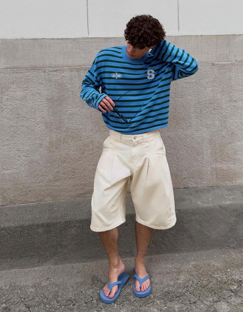 Pull boxy fit rayures brodé-Bleu