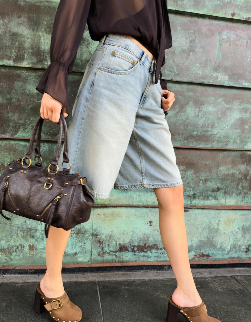 Baggy fit denim bermuda şort-Açık mavi