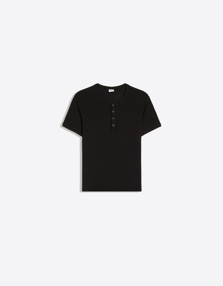 Textured henley T-shirt-Black