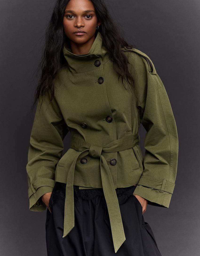 Funnel neck trench jacket-Khaki