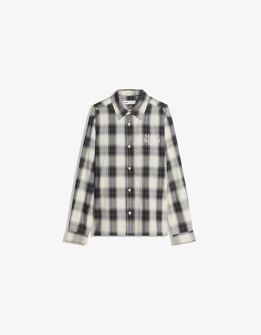 Long-sleeve embroidered check shirt-Grey