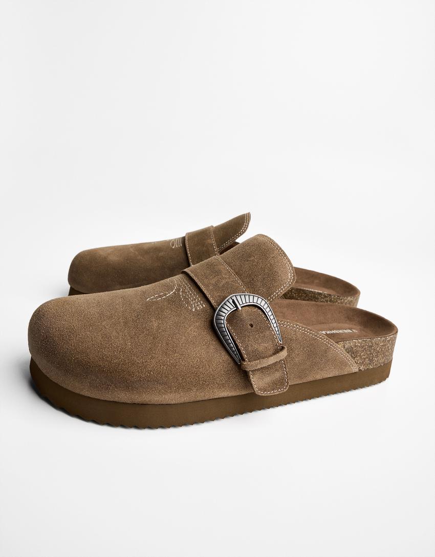 Mules brodées CUIR boucle-Sable