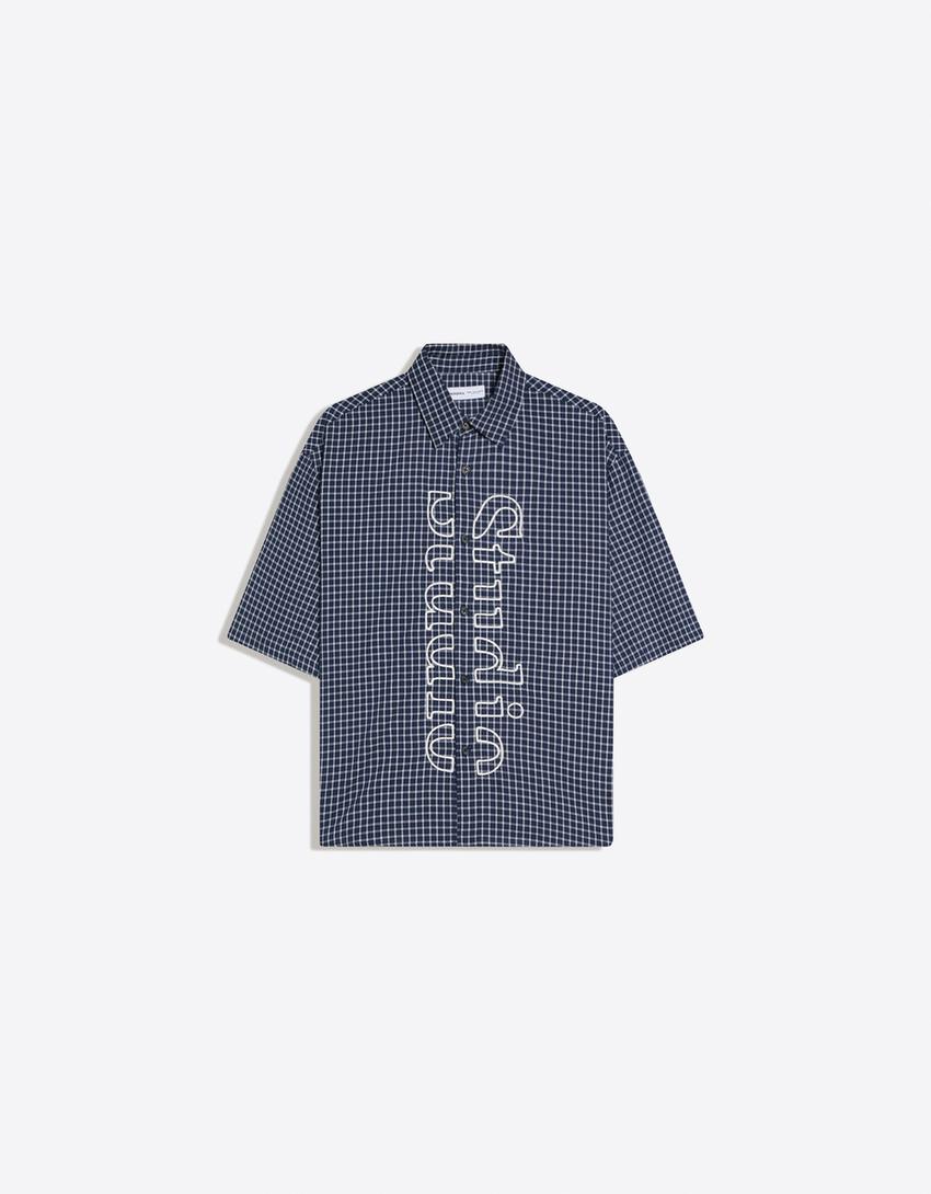 Embroidered short sleeve boxy fit shirt-Navy