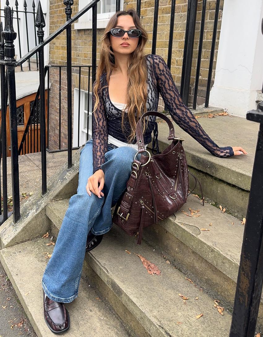 Bolso maxi efecto piel tachas-Marrón