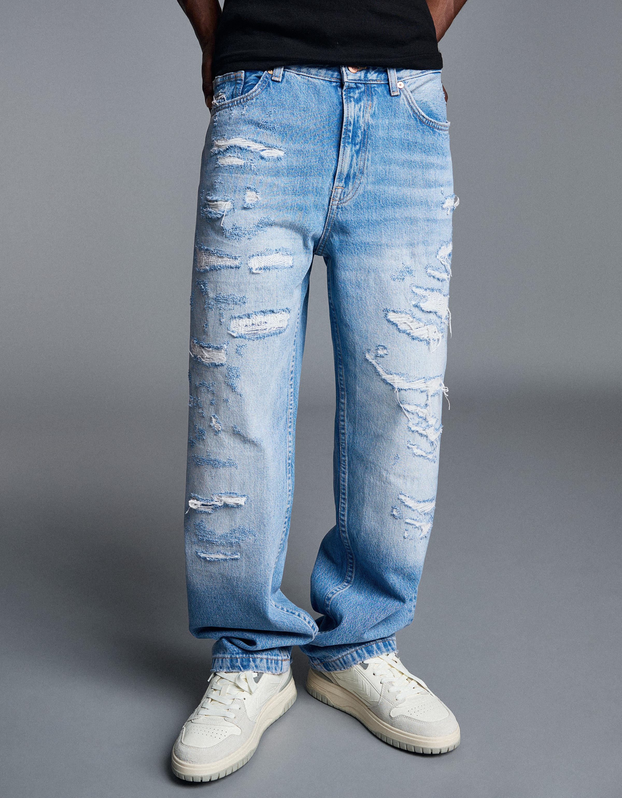 Ripped straight wide leg jeans — Light blue