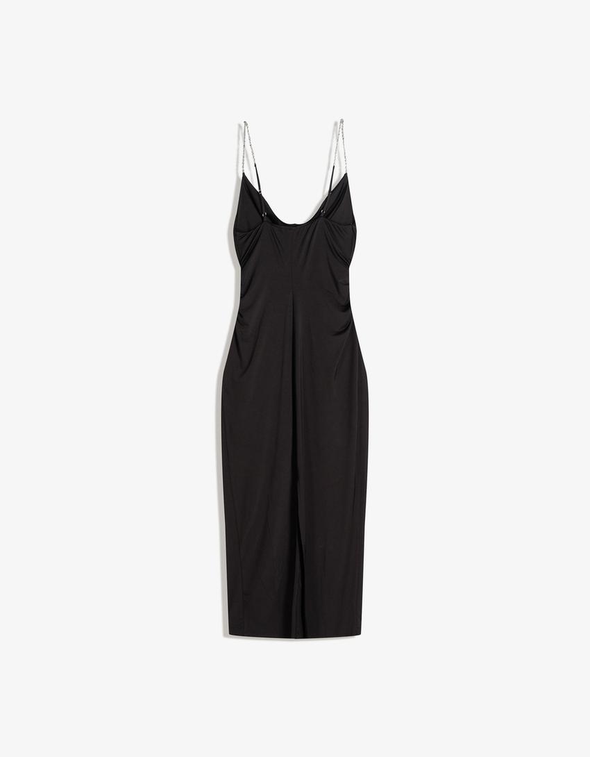 Chain strap draped midi dress-Black