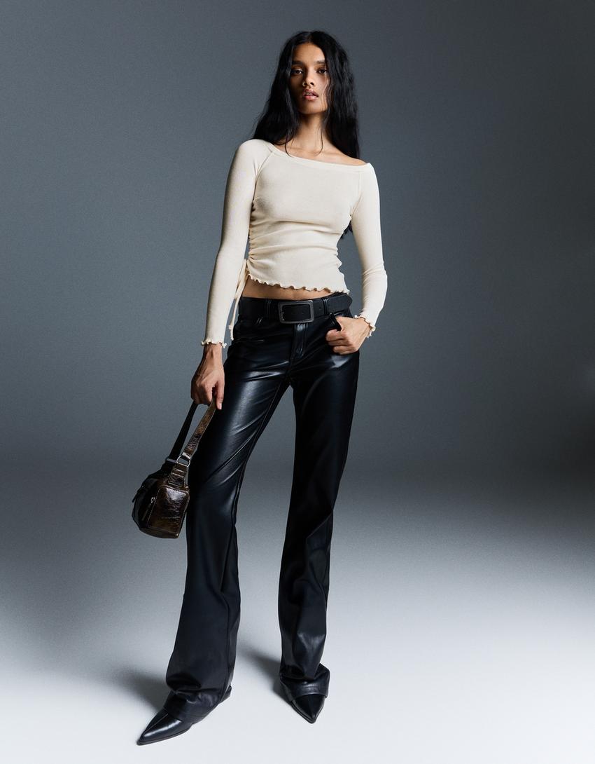 Asymmetric long sleeve ruched T-shirt-Cream
