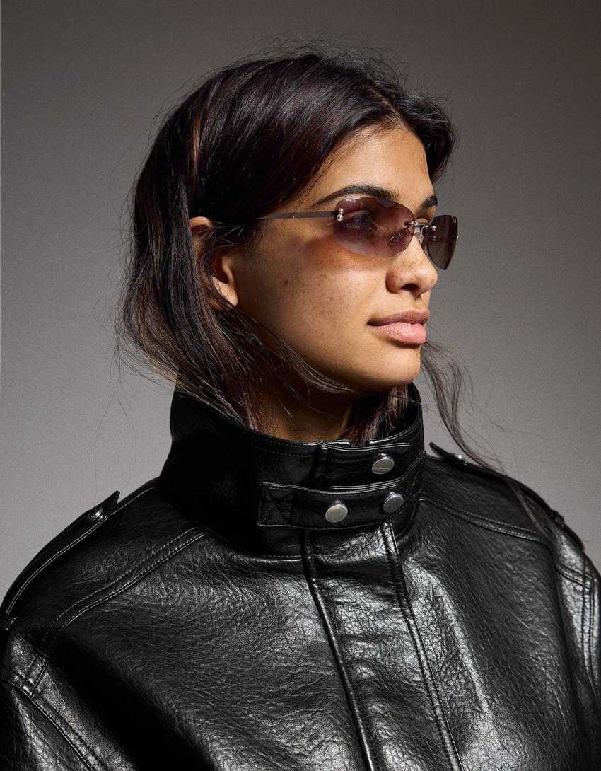 Faux leather funnel collar jacket-Black