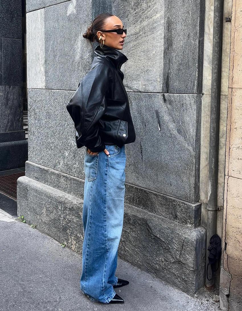 Cazadora oversize efecto piel-Negro