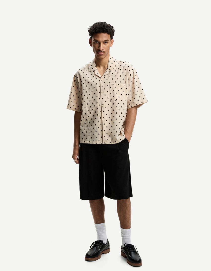Embroidered short sleeve shirt-Cream-3