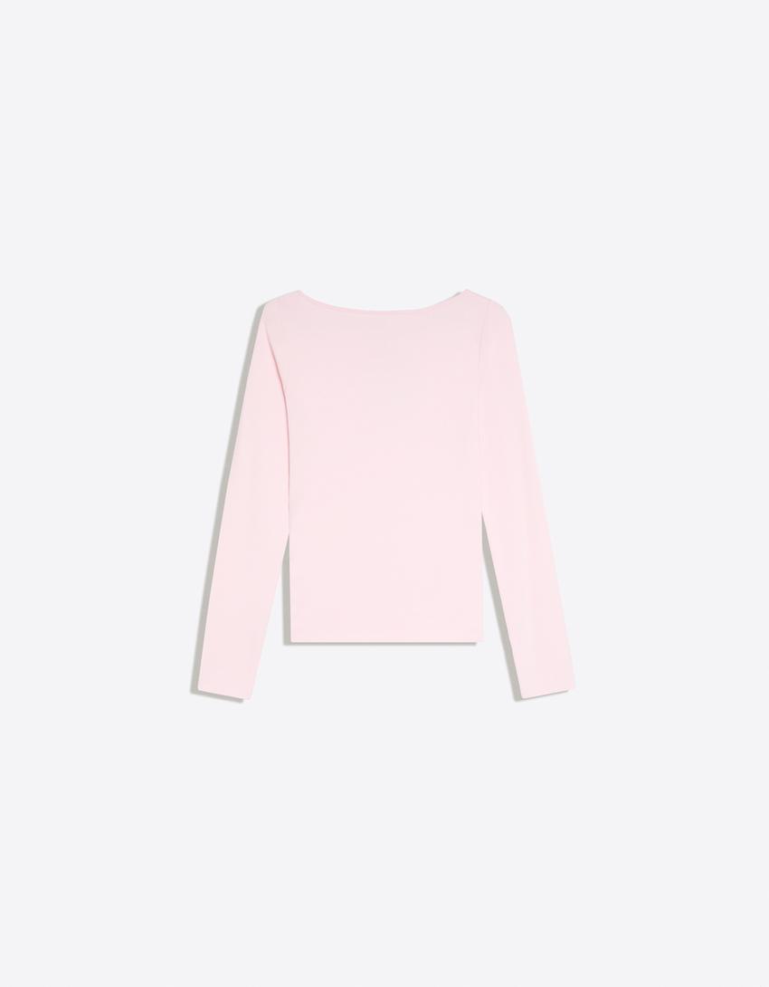 Uzun kollu, bağcıklı dekolteli tişört-Pembe