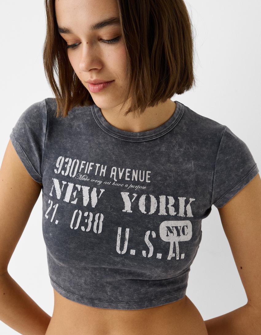 T-shirt manches courtes moulant imprimé-Noir-5