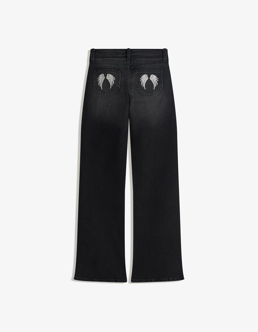 Jeans flare ricamati con tasche-Nero