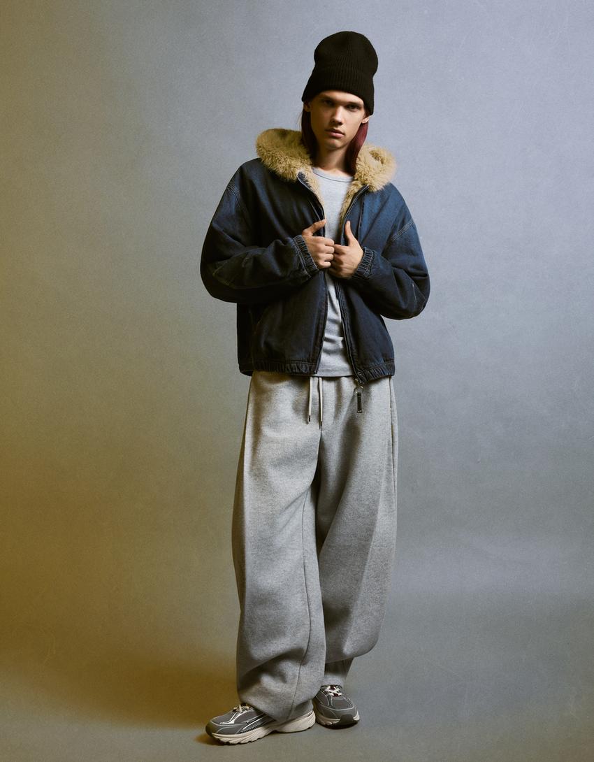 Blusão denim gola efeito de pelo-Marinho