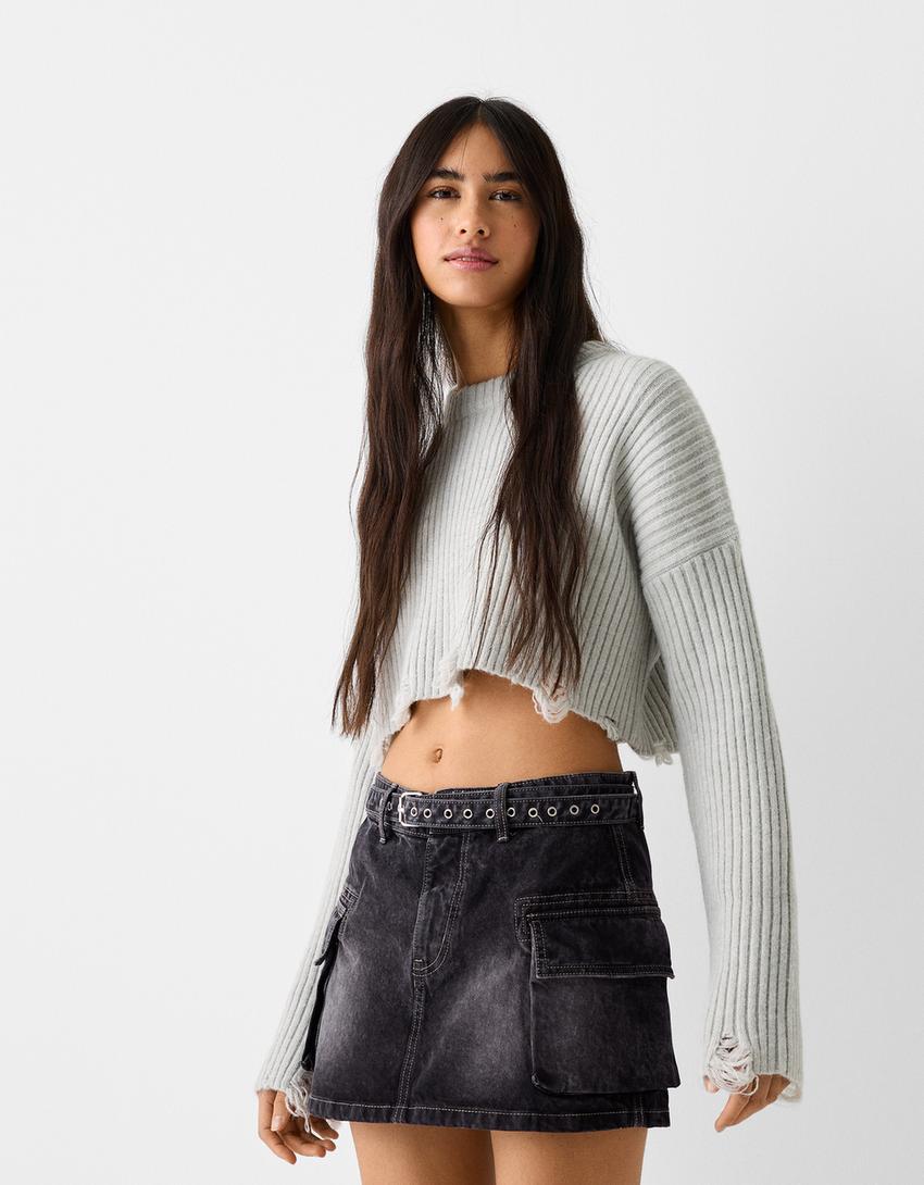 Belted twill cargo mini skirt-Grey