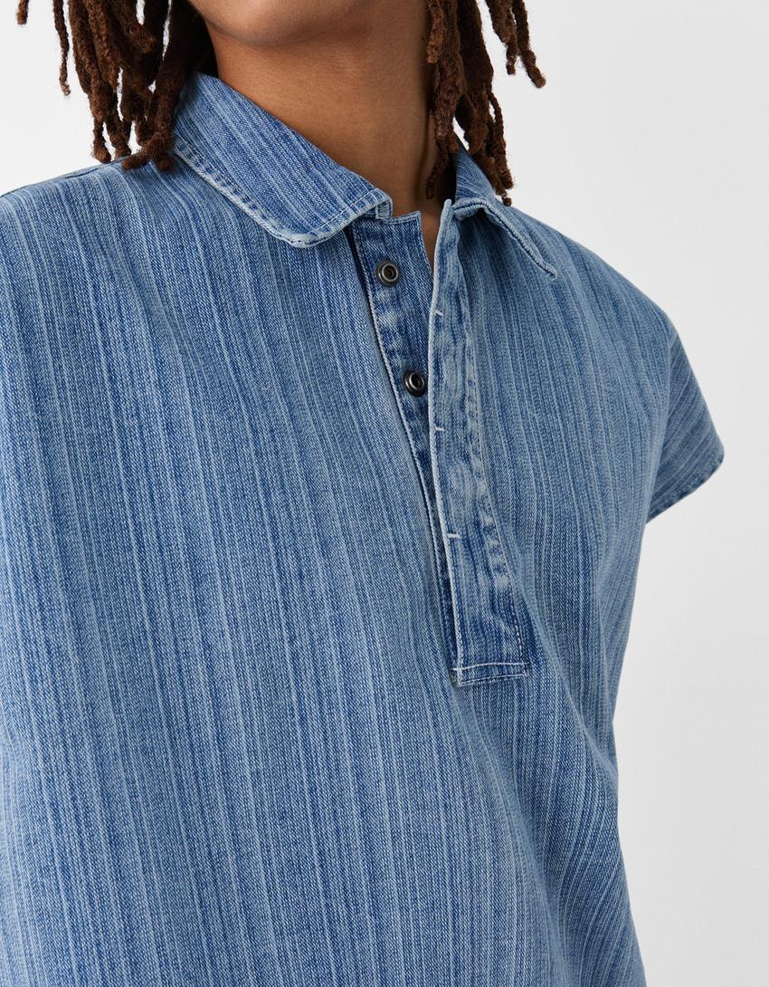 Kolsuz denim crop gömlek-Açık mavi-5